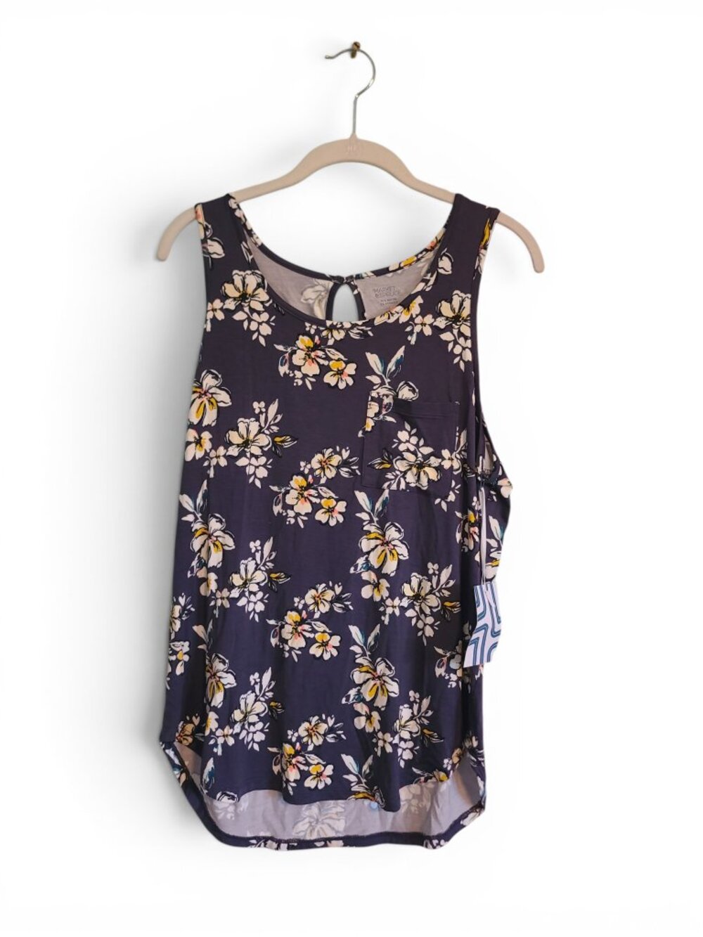 Market & Spruce Merrit One Pocket Knit Tank Top  Navy Blue Floral NWT